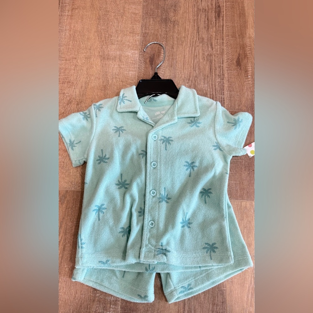 Little Me Terry Cloth Light Teal Palm Tree Button Down shirt with matching short